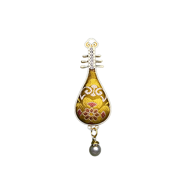 Golden Treasure Flower & All-Round Fortune Song Brocade Brooch · Sanma 三马金色宝相八方来财宋锦胸针