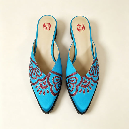 Custom Blue-Burgundy Vintage Satin Embroidered Mule Slippers | 定制款蓝棕红色老缎面刺绣穆勒鞋