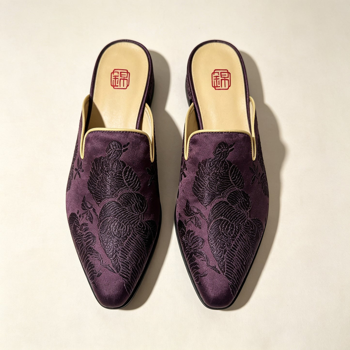 Custom Dark Brown Vintage Satin Embroidered Mule Slippers | 定制款深褐色老缎面刺绣穆勒鞋