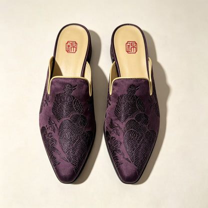 Custom Dark Brown Vintage Satin Embroidered Mule Slippers | 定制款深褐色老缎面刺绣穆勒鞋