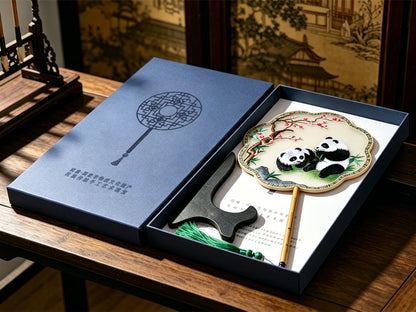 Pandas Seeking Spring Suzhou Embroidery Round Fan 熊猫探春苏绣团扇