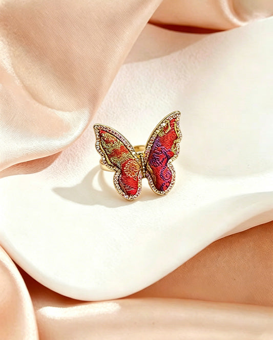 Lu Meiying Red Kui-Dragon Badayun Song Brocade Butterfly Ring | 陆美英红色夔龙八达晕宋锦蝴蝶戒指