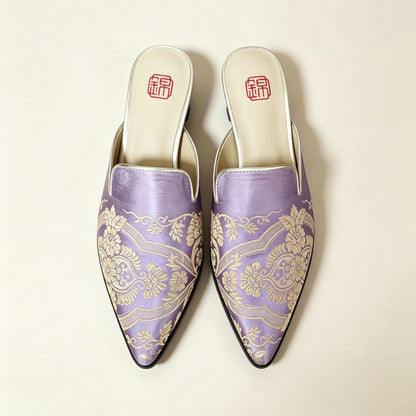 Custom Lavender Vintage Satin Embroidered Mules | 定制款淡紫色老缎面刺绣穆勒鞋