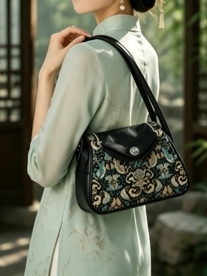 Shangjiukai Shiny Gold Green Banana Leaf & Lotus Pattern Song Brocade Pillow Bag | 上久楷炫金绿蕉叶莲纹宋锦枕头包