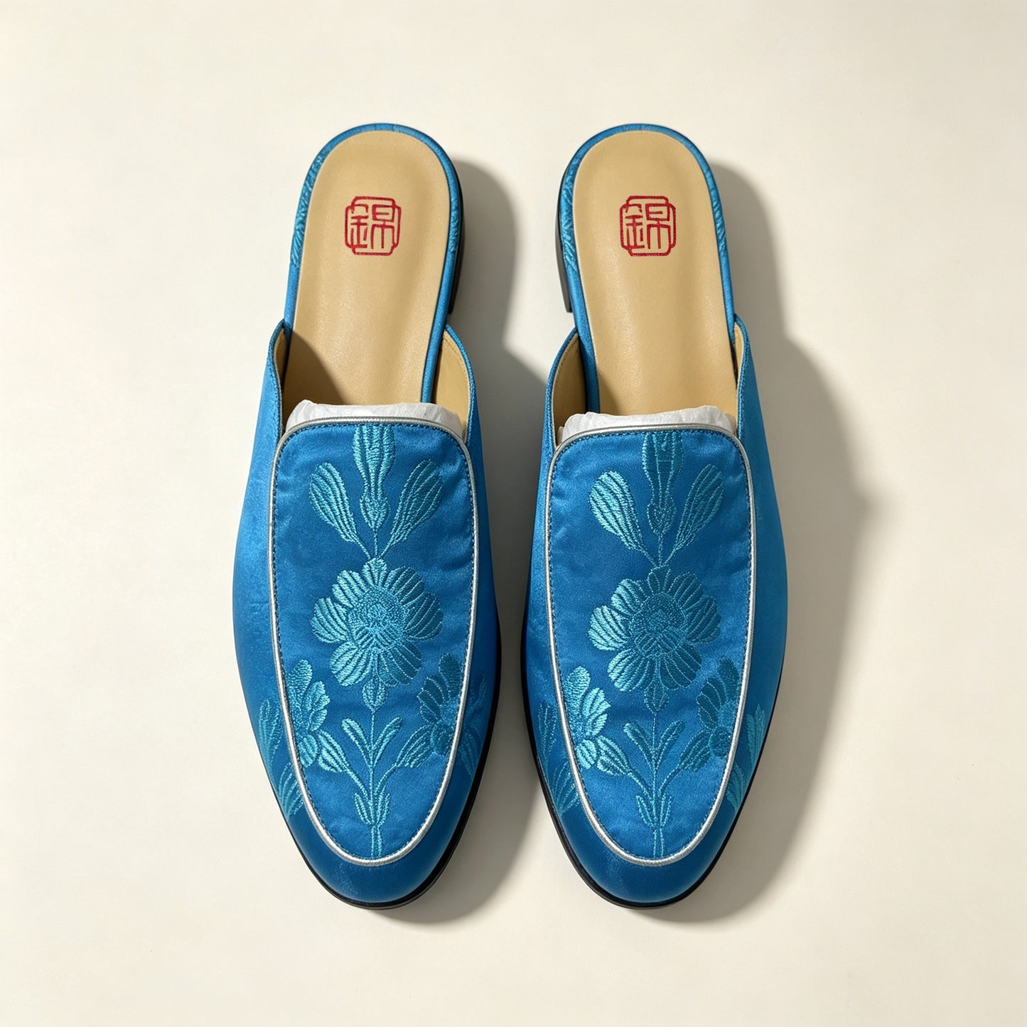 Custom Blue Vintage Satin Embroidered Mule Slippers | 定制款蓝色老缎面刺绣穆勒鞋