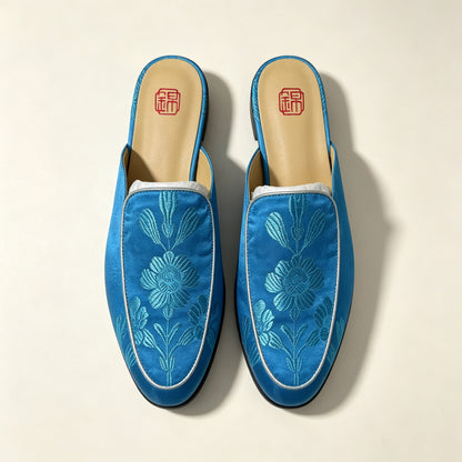 Custom Blue Vintage Satin Embroidered Mule Slippers | 定制款蓝色老缎面刺绣穆勒鞋