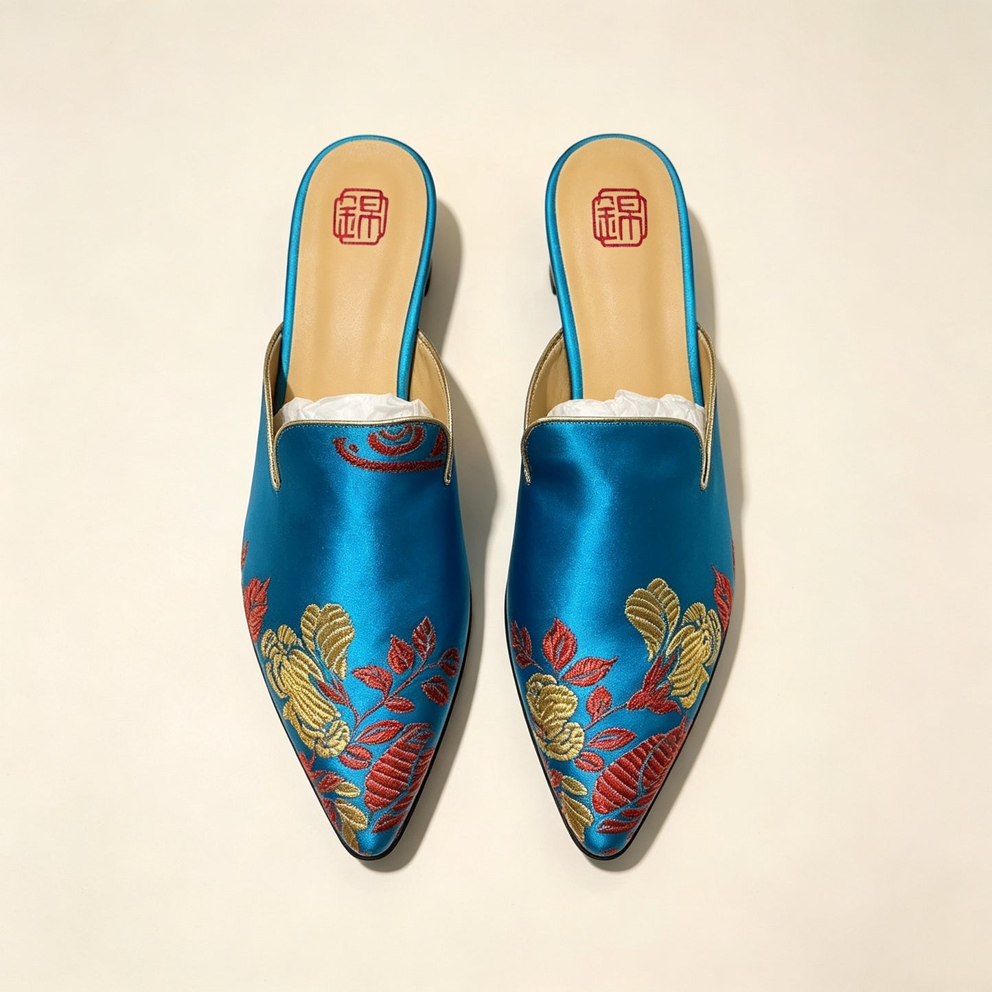 Custom Two-Tone Blue Vintage Satin Embroidered Mule Slippers | 定制款蓝色双彩老缎面刺绣穆勒鞋