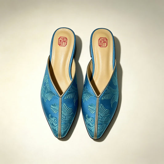 Custom Blue Vintage Satin Embroidered Mule Slippers | 定制款蓝色老缎面刺绣穆勒鞋