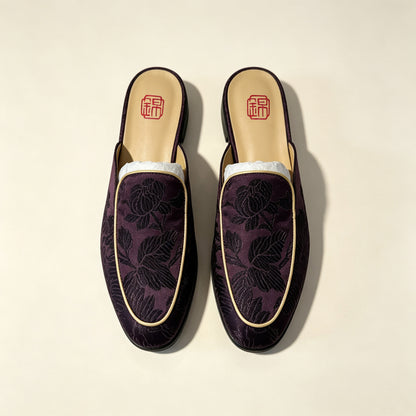 Custom Dark Brown Vintage Satin Embroidered Mule Slippers | 定制款深褐色老缎面刺绣穆勒鞋