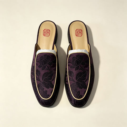 Custom Dark Brown Vintage Satin Embroidered Mule Slippers | 定制款深褐色老缎面刺绣穆勒鞋