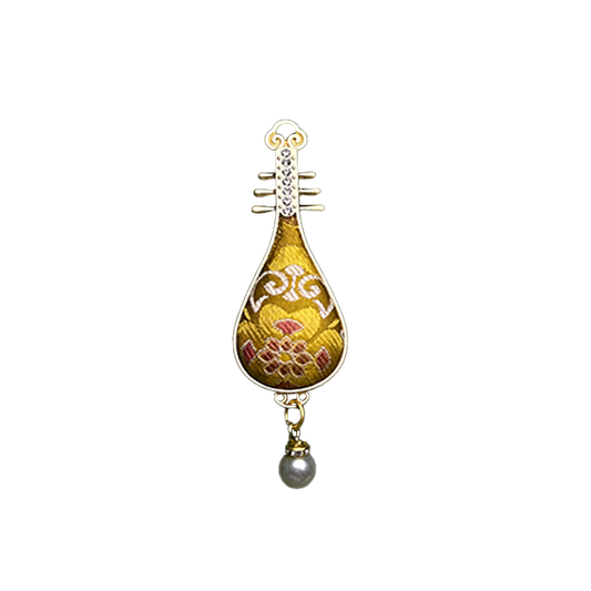 Golden Treasure Flower & All-Round Fortune Song Brocade Brooch · Sanma 三马金色宝相八方来财宋锦胸针