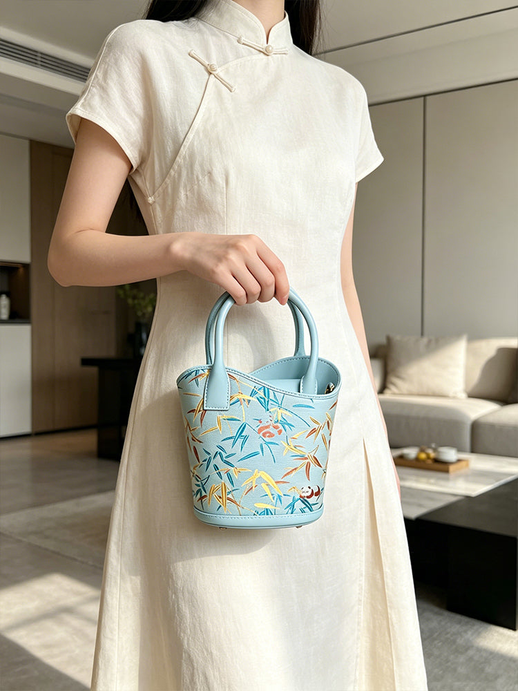 Panda & Bamboo Leaf Pattern Song Brocade Bucket Bag | 熊猫竹叶纹宋锦水桶包