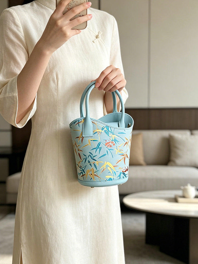 Panda & Bamboo Leaf Pattern Song Brocade Bucket Bag | 熊猫竹叶纹宋锦水桶包