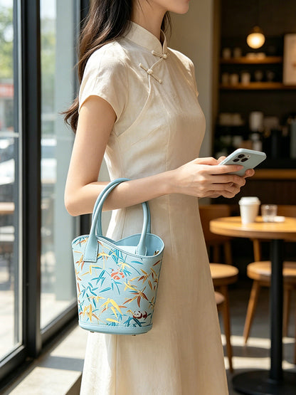 Panda & Bamboo Leaf Pattern Song Brocade Bucket Bag | 熊猫竹叶纹宋锦水桶包