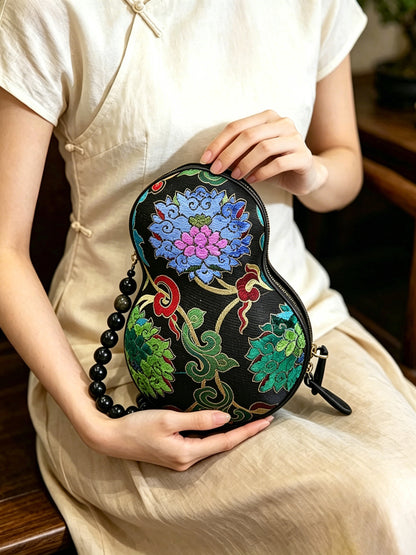 Black Base Multicolored Yun Brocade Zhang Satin Gourd Handbag | 黑彩云锦漳缎葫芦包
