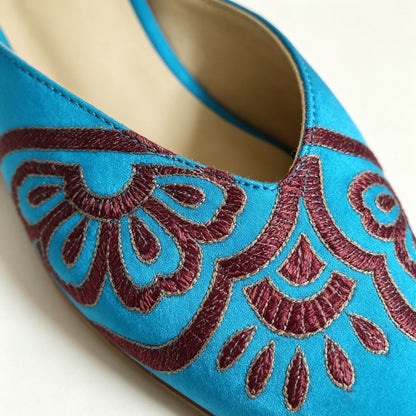 Custom Blue-Burgundy Vintage Satin Embroidered Mule Slippers | 定制款蓝棕红色老缎面刺绣穆勒鞋