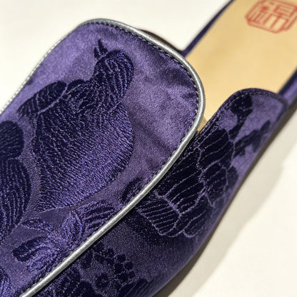 Custom Dark Purple Vintage Satin Embroidered Mule Slippers | 定制款深紫色老缎面刺绣穆勒鞋