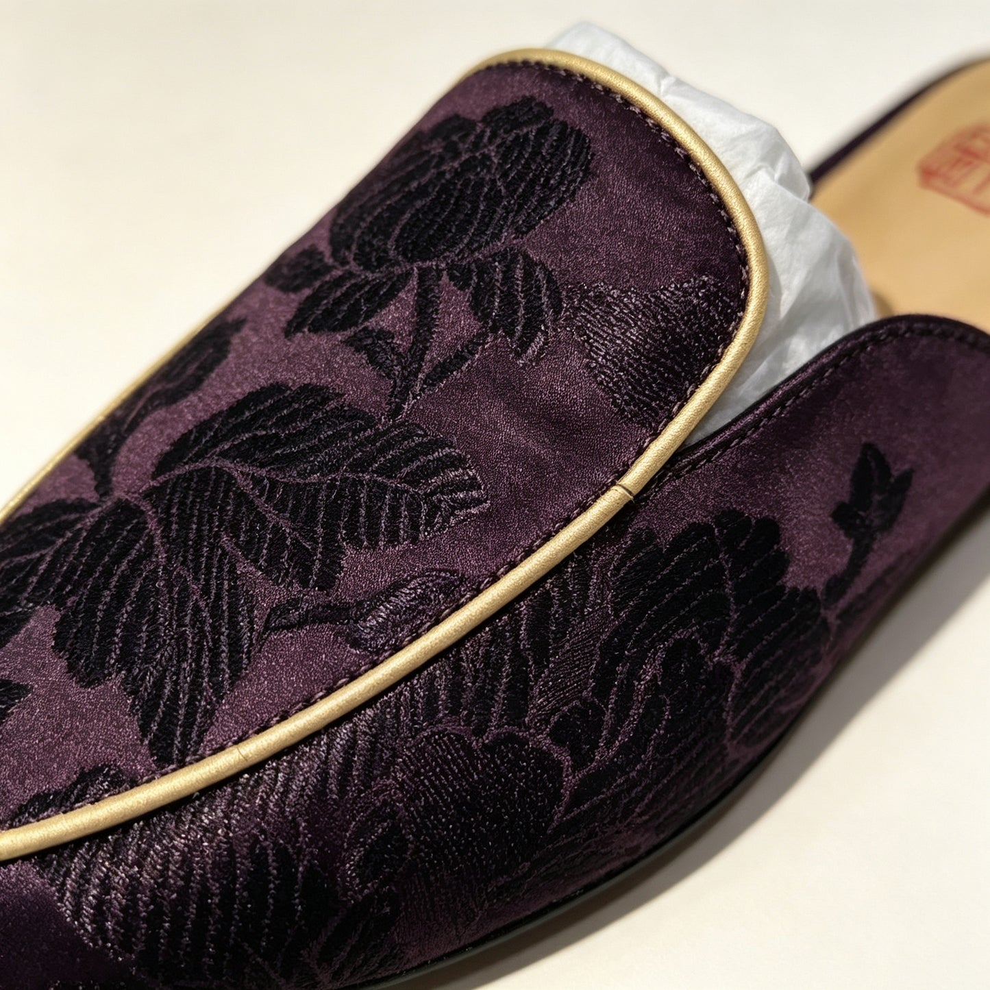 Custom Dark Brown Vintage Satin Embroidered Mule Slippers | 定制款深褐色老缎面刺绣穆勒鞋