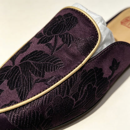 Custom Dark Brown Vintage Satin Embroidered Mule Slippers | 定制款深褐色老缎面刺绣穆勒鞋