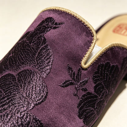 Custom Dark Brown Vintage Satin Embroidered Mule Slippers | 定制款深褐色老缎面刺绣穆勒鞋
