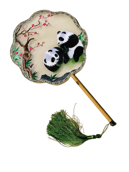 Pandas Seeking Spring Suzhou Embroidery Round Fan 熊猫探春苏绣团扇