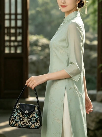 Shangjiukai Shiny Gold Green Banana Leaf & Lotus Pattern Song Brocade Pillow Bag | 上久楷炫金绿蕉叶莲纹宋锦枕头包
