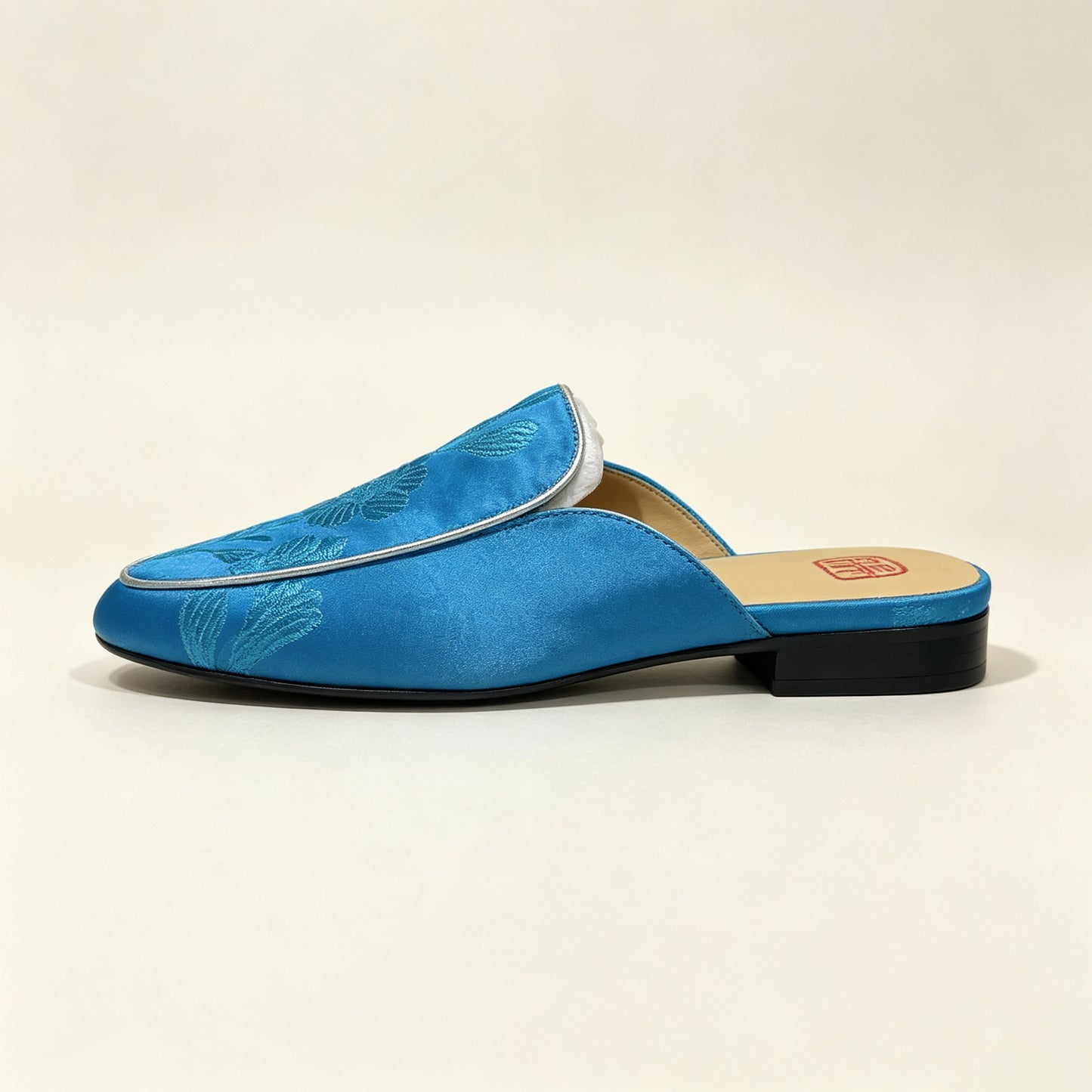 Custom Blue Vintage Satin Embroidered Mule Slippers | 定制款蓝色老缎面刺绣穆勒鞋