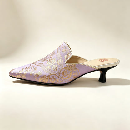 Custom Lavender Vintage Satin Embroidered Mules | 定制款淡紫色老缎面刺绣穆勒鞋