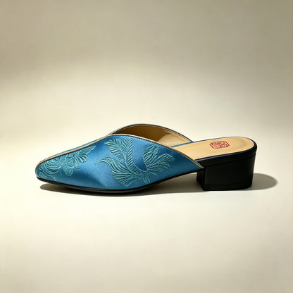 Custom Blue Vintage Satin Embroidered Mule Slippers | 定制款蓝色老缎面刺绣穆勒鞋