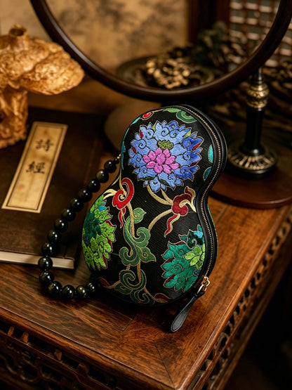 Black Base Multicolored Yun Brocade Zhang Satin Gourd Handbag | 黑彩云锦漳缎葫芦包