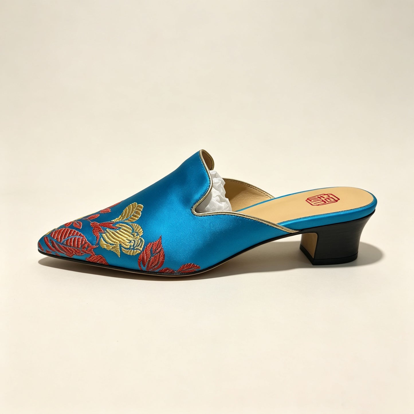 Custom Two-Tone Blue Vintage Satin Embroidered Mule Slippers | 定制款蓝色双彩老缎面刺绣穆勒鞋