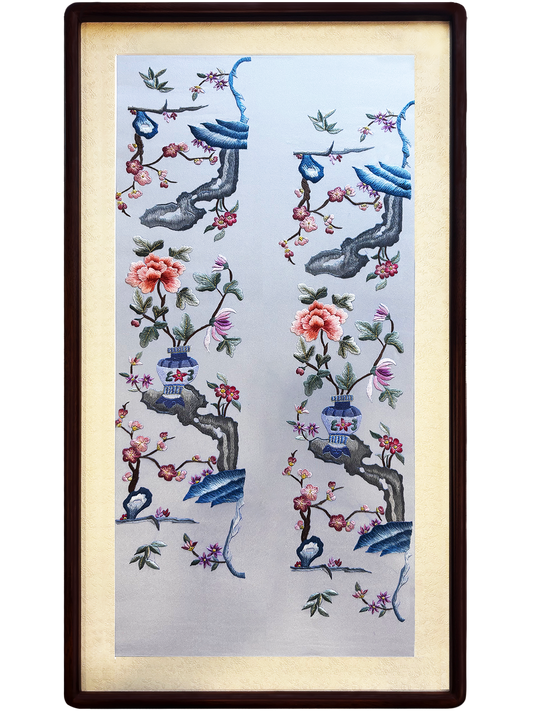 Four Seasons Flowers Plain Stitch Suzhou Embroidery Hanging Scroll 四季花卉平针绣苏绣挂画