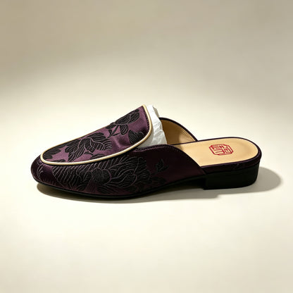 Custom Dark Brown Vintage Satin Embroidered Mule Slippers | 定制款深褐色老缎面刺绣穆勒鞋