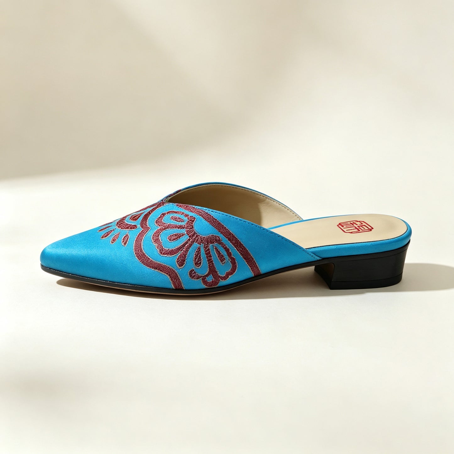 Custom Blue-Burgundy Vintage Satin Embroidered Mule Slippers | 定制款蓝棕红色老缎面刺绣穆勒鞋