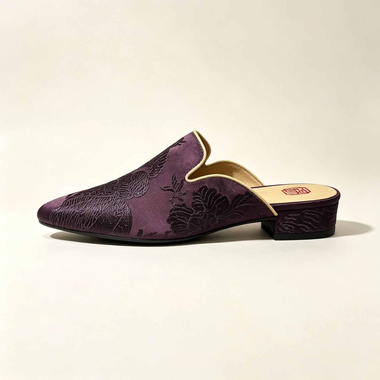 Custom Dark Brown Vintage Satin Embroidered Mule Slippers | 定制款深褐色老缎面刺绣穆勒鞋