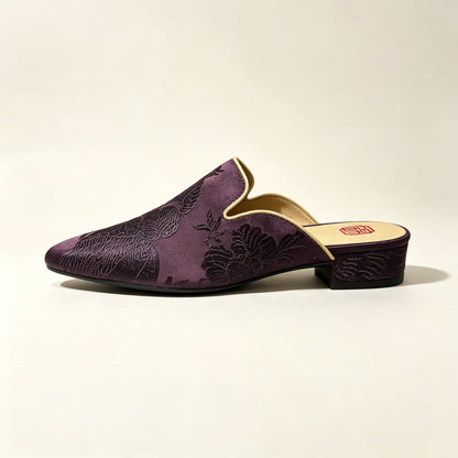 Custom Dark Brown Vintage Satin Embroidered Mule Slippers | 定制款深褐色老缎面刺绣穆勒鞋