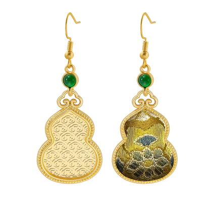 Sanma Golden Wealth from Eight Directions Song Brocade Large Gourd Earrings 三马金色八方来财宋锦大葫芦耳环