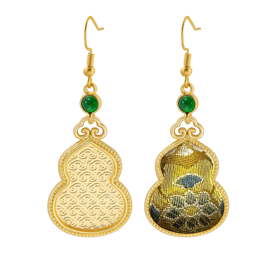 Sanma Golden Wealth from Eight Directions Song Brocade Large Gourd Earrings 三马金色八方来财宋锦大葫芦耳环