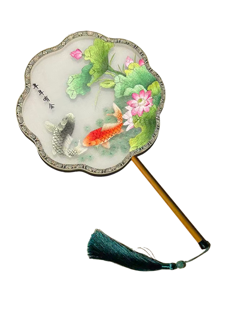 Abundant Fortune Year after Year・Lotus & Koi Suzhou Embroidery Floral Palace Fan 年年有余苏绣团扇