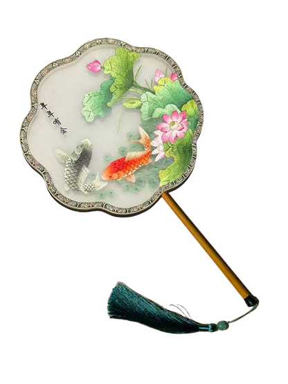 Abundant Fortune Year after Year・Lotus & Koi Suzhou Embroidery Floral Palace Fan 年年有余苏绣团扇