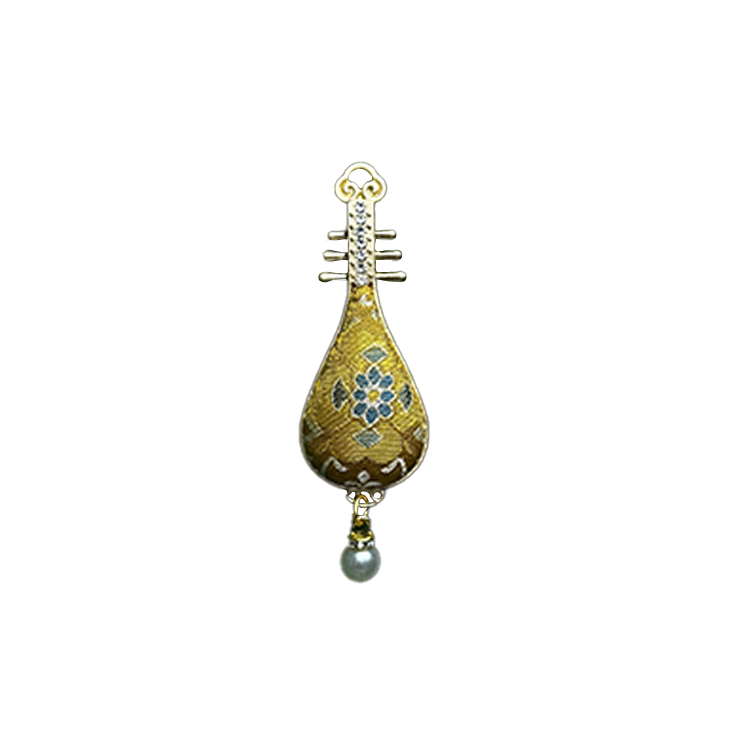 Golden Treasure Flower & All-Round Fortune Song Brocade Brooch · Sanma 三马金色宝相八方来财宋锦胸针