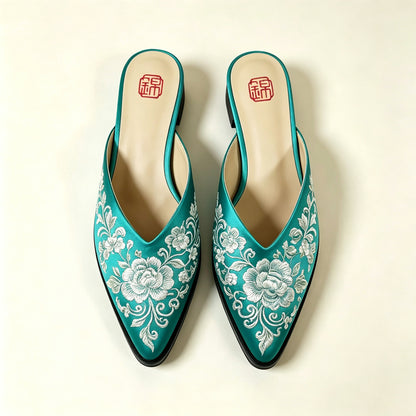 Custom Vintage Old‑Stock Brocade‑Satin Pointed‑Toe Shoes | 定制老缎复古尖头鞋