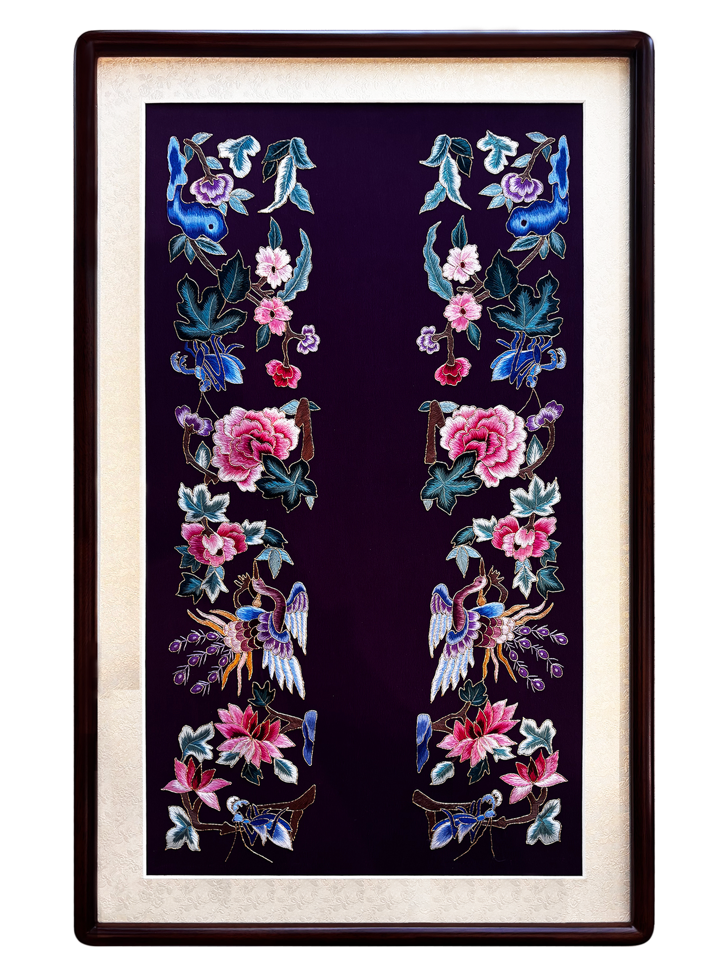 Crane & Floral Plain Stitch Suzhou Embroidery Wall Hanging 仙鹤花卉平针绣苏绣挂画