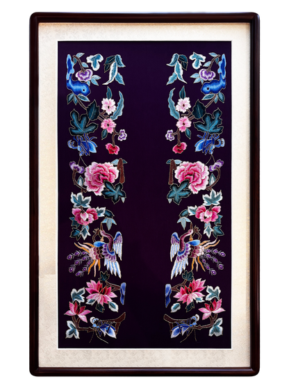 Crane & Floral Plain Stitch Suzhou Embroidery Wall Hanging 仙鹤花卉平针绣苏绣挂画