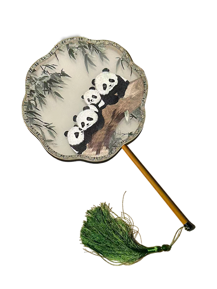 Four Joyful Pandas & Green Bamboo Suzhou Embroidery Floral Palace Fan 四宝聚欢苏绣团扇