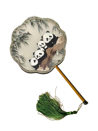 Four Joyful Pandas & Green Bamboo Suzhou Embroidery Floral Palace Fan 四宝聚欢苏绣团扇