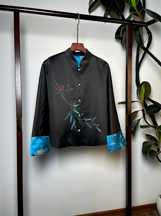 Heavy Mulberry Silk Coat・Ink-Splashed Peach Blossom Hand-Painted Motif 墨点桃痕手绘桃花重磅桑蚕丝外套
