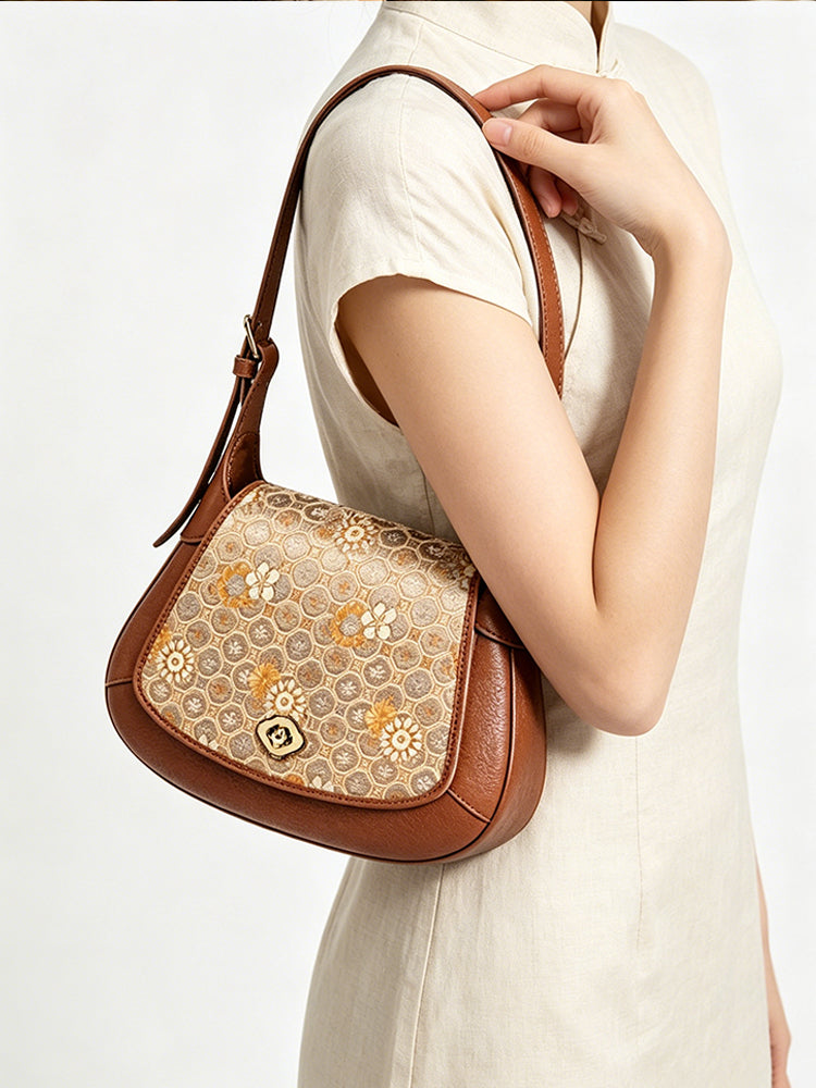 Turtle Shell Pattern Brocade Satin Crossbody Bag | 龟背纹织锦缎斜挎包