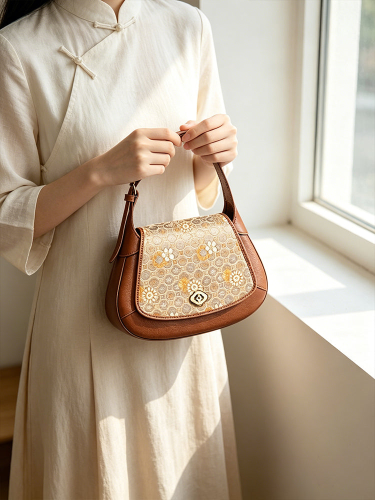 Turtle Shell Pattern Brocade Satin Crossbody Bag | 龟背纹织锦缎斜挎包