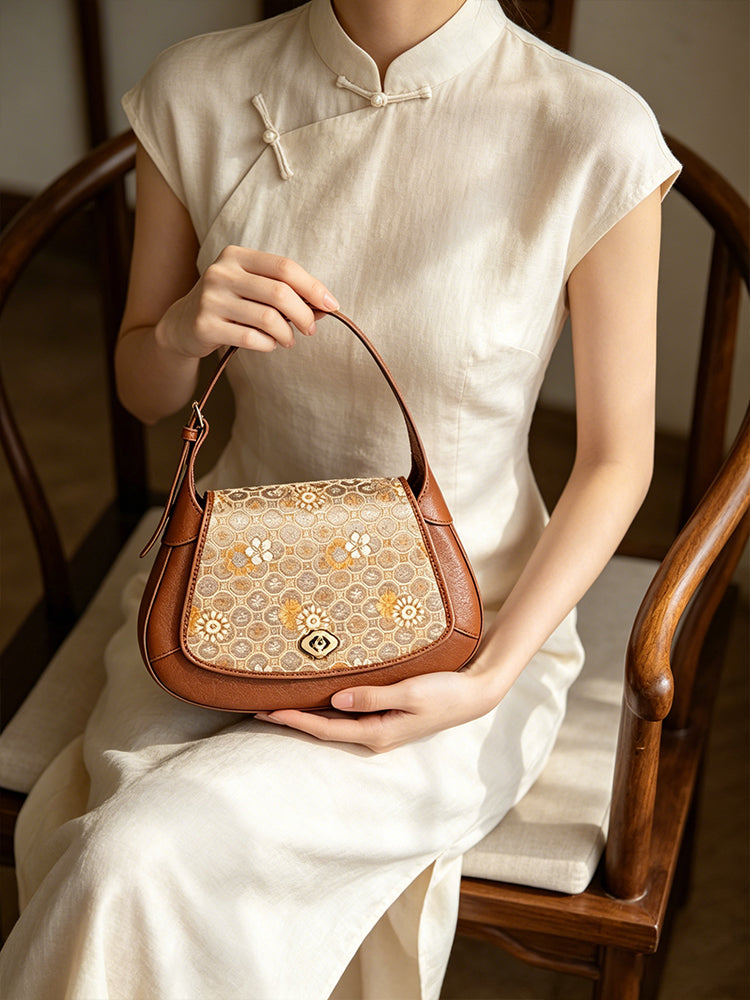 Turtle Shell Pattern Brocade Satin Crossbody Bag | 龟背纹织锦缎斜挎包